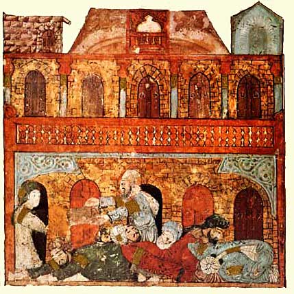 Caravansérail à Wasit Al-Harîrî, Al-Maqâmât (Les Séances). Copié et peint par Yahyâ b. Mahmûd al-Wâsitî, Bagdad, 1237